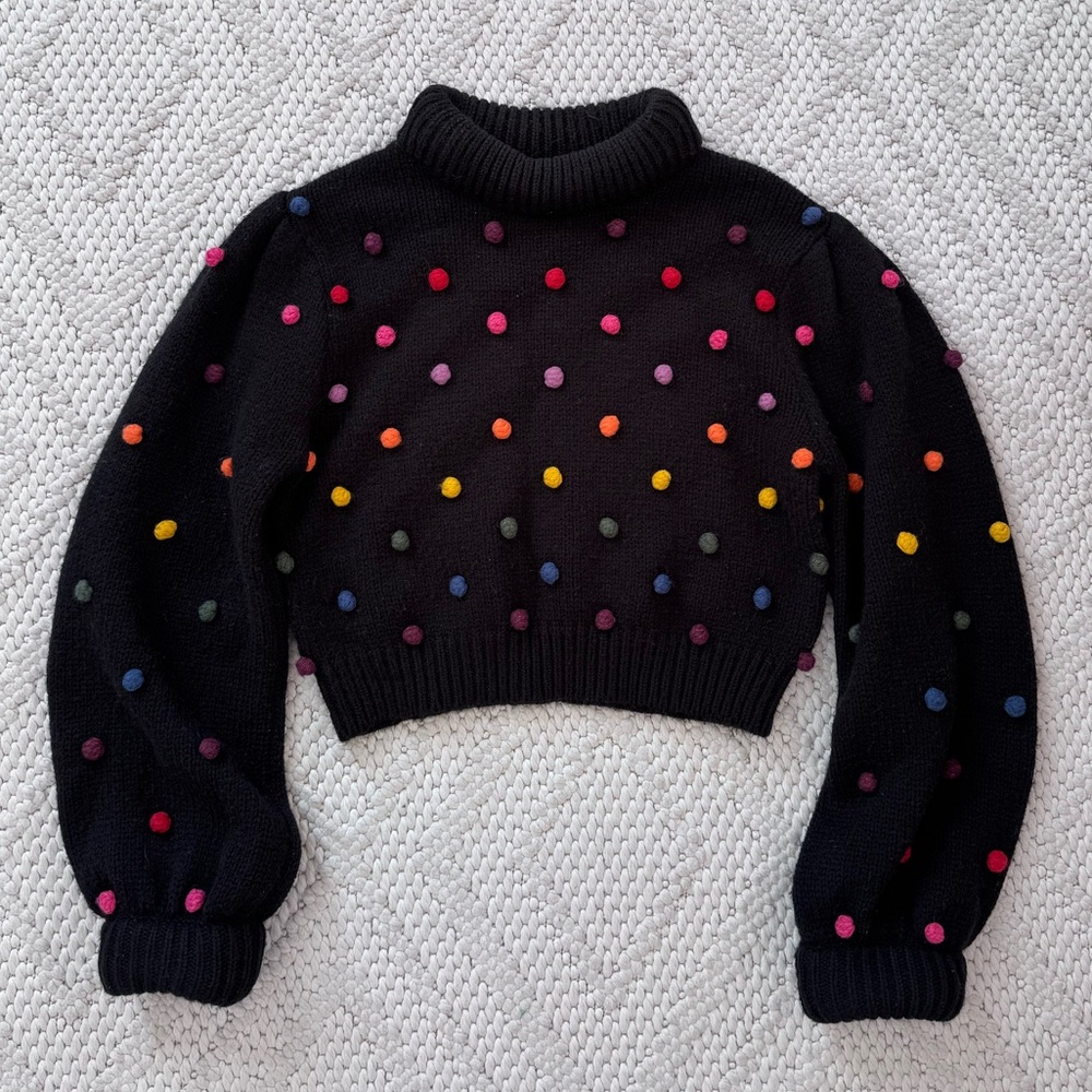 FARM Rio Black Cropped Turtleneck Sweater with Multicolor Pom Dots